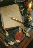 The Script; with a writing box and a deed of conveyance on parchment with two seals dating from 1723.