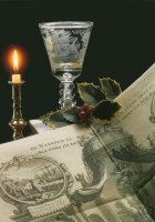 Radgravure op glas: 'Op het Welvaaren van de Goede Negotie'. Ca. 1760. Gravure uit: 'Het Tafereel der Dwaasheid', 1720. - Wheel-engraving on glass: 'To the prosperity of good trading'. Around 1760.